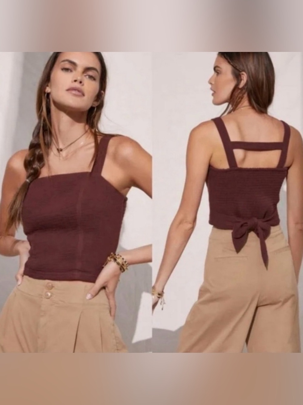 Anthropologie Square-Neck Tie-Back Crop Tank Top in Deep Brown Women’s size XS